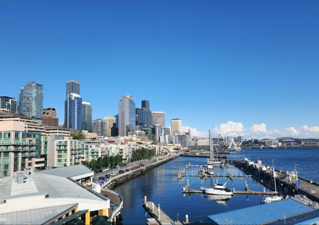 Seattle waterfront skyline with marina and downtown towers