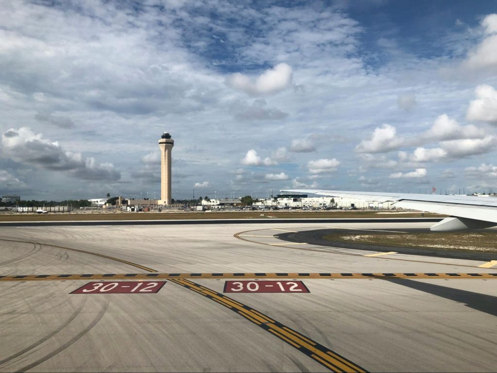 Miami International Airport runway and control tower view