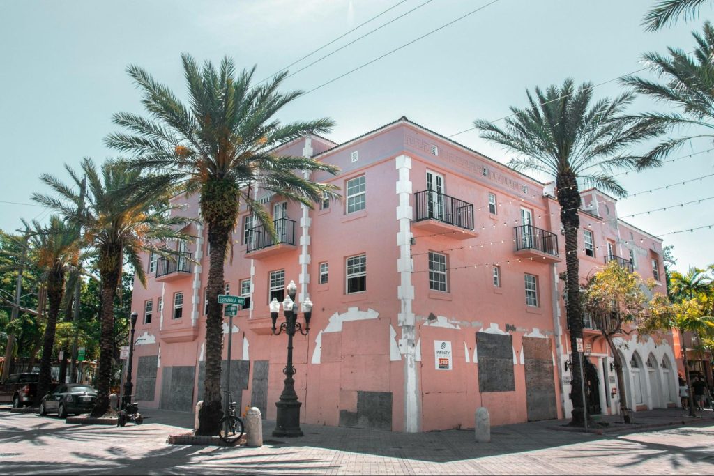 Colorful building and palm trees in Little Havana Miami