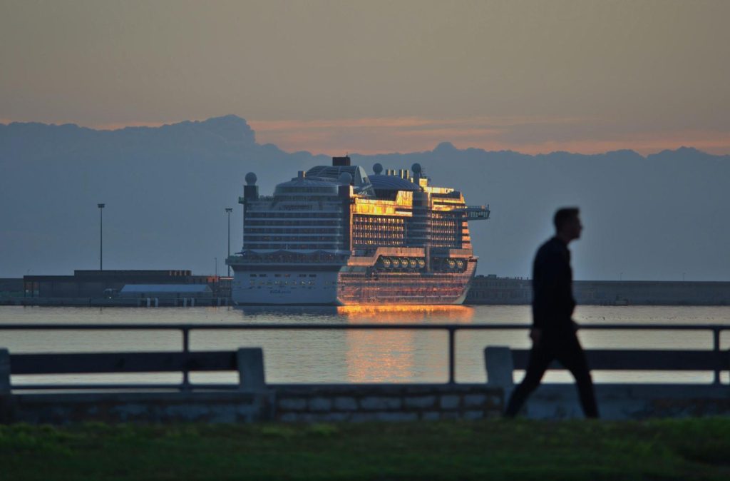 Cruise ship at Palma Mallorca harbor sunset