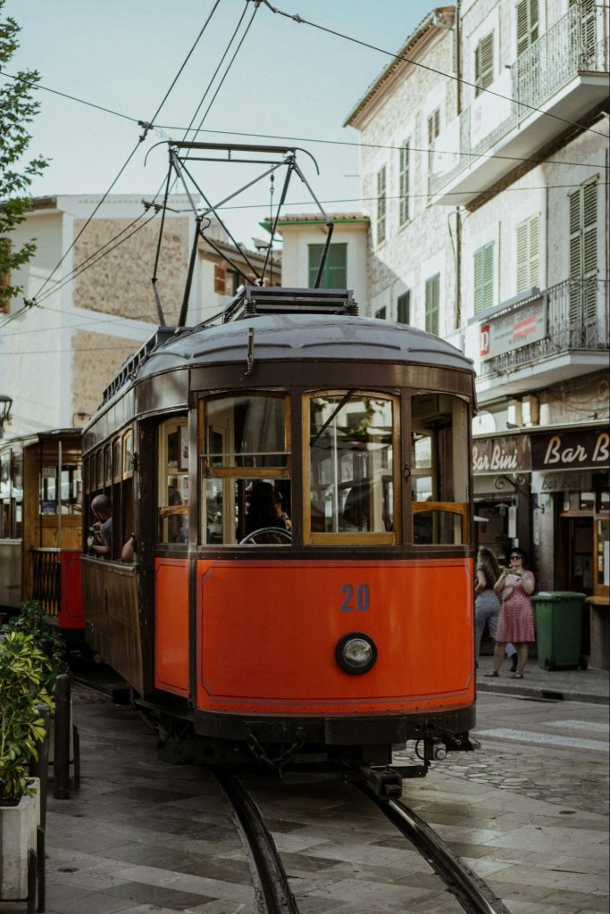 Historic tram in Sóller Mallorca street