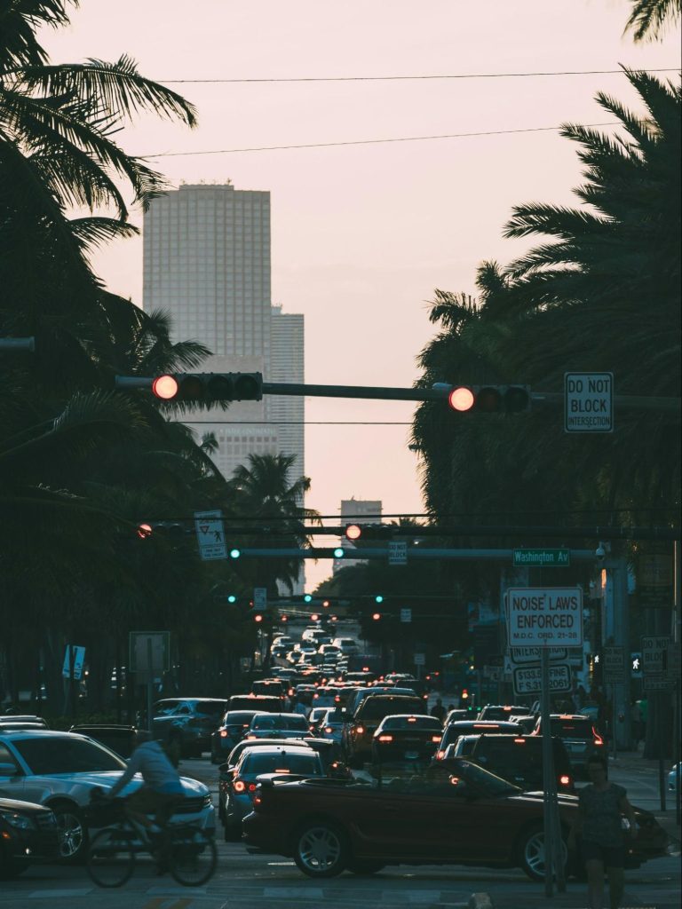 Traffic and palm lined street in Miami