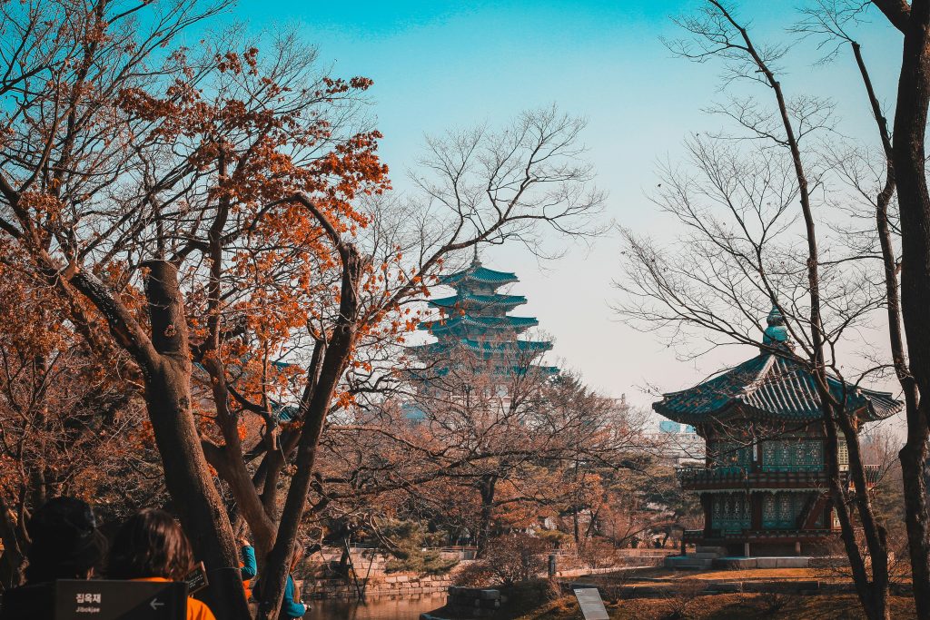 A traditional Korean Temple pavilion and pagoda in South Korea.