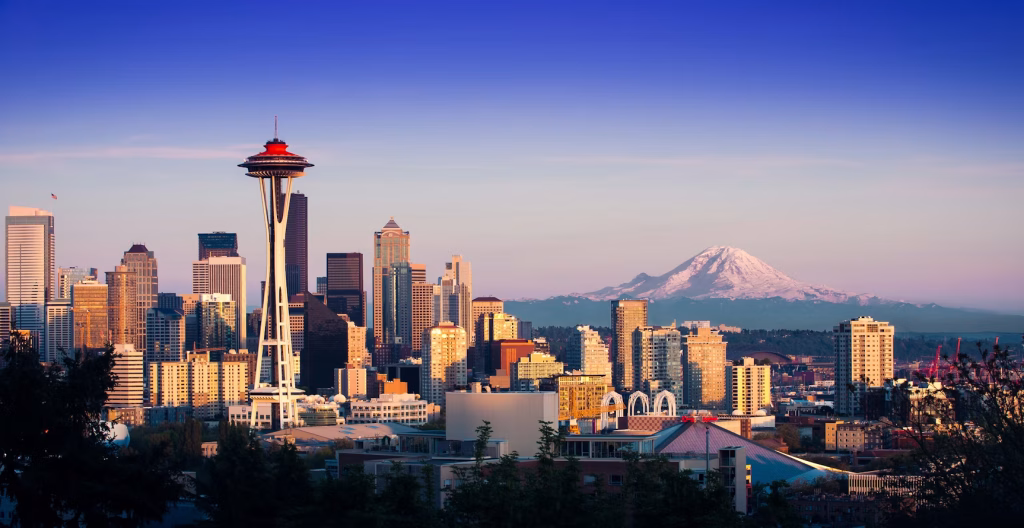 Seattle skyline with the Space Needle and Mount Rainier