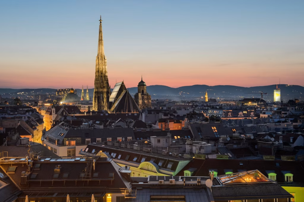 Vienna skyline at sunset with St. Stephen’s Cathedral