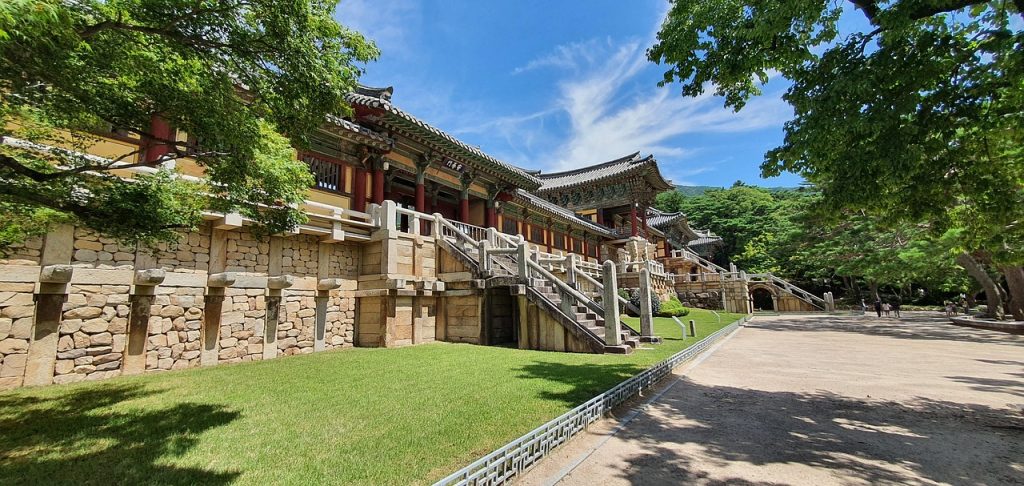 Bulguksa Temple surrounded by trees in South Korea.